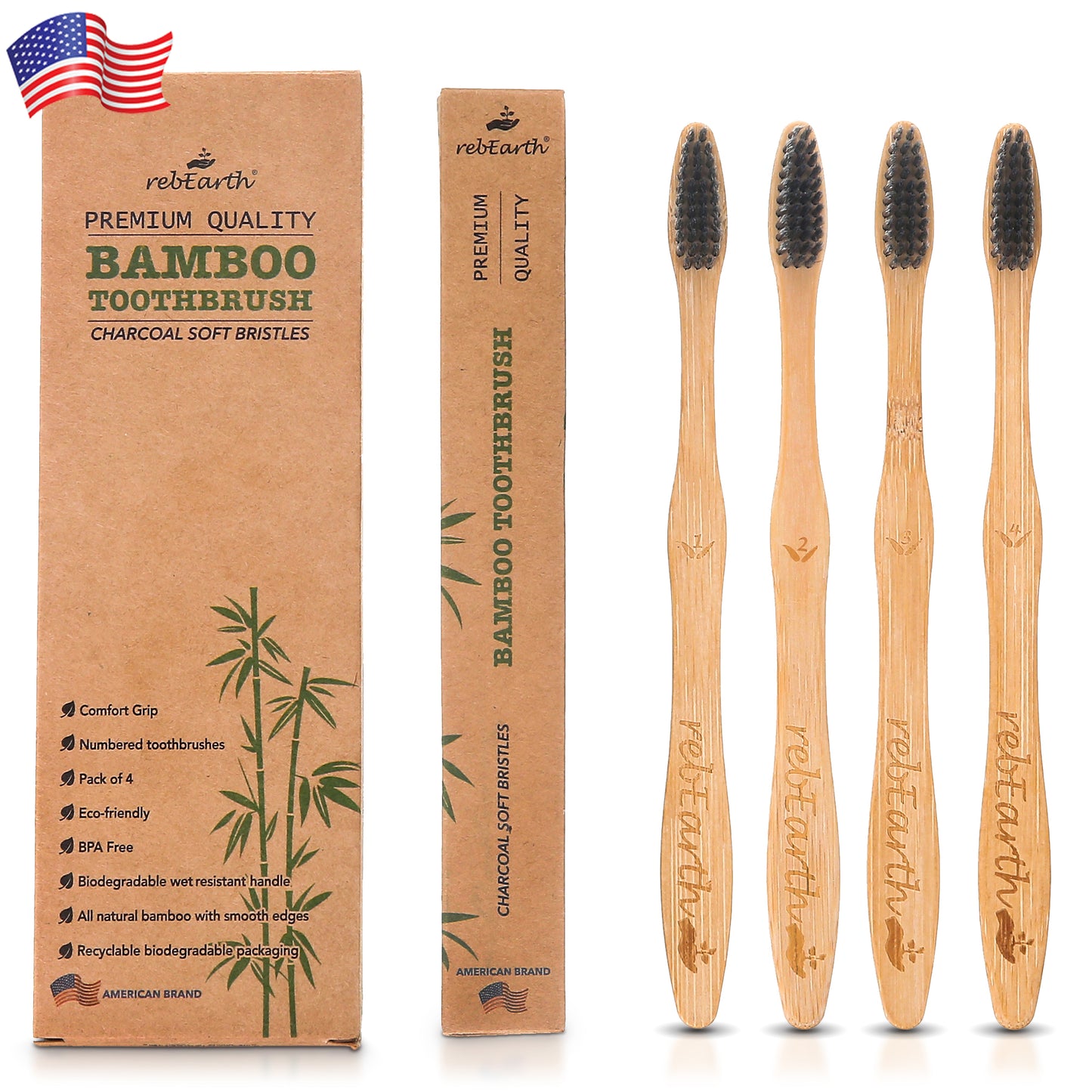 4 Pack Bamboo Toothbrushes